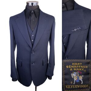 VTG Hart Schaffner Marx 2-Pcs Blazer/Vest Blue Herringbone Sz Approx. 38-40R